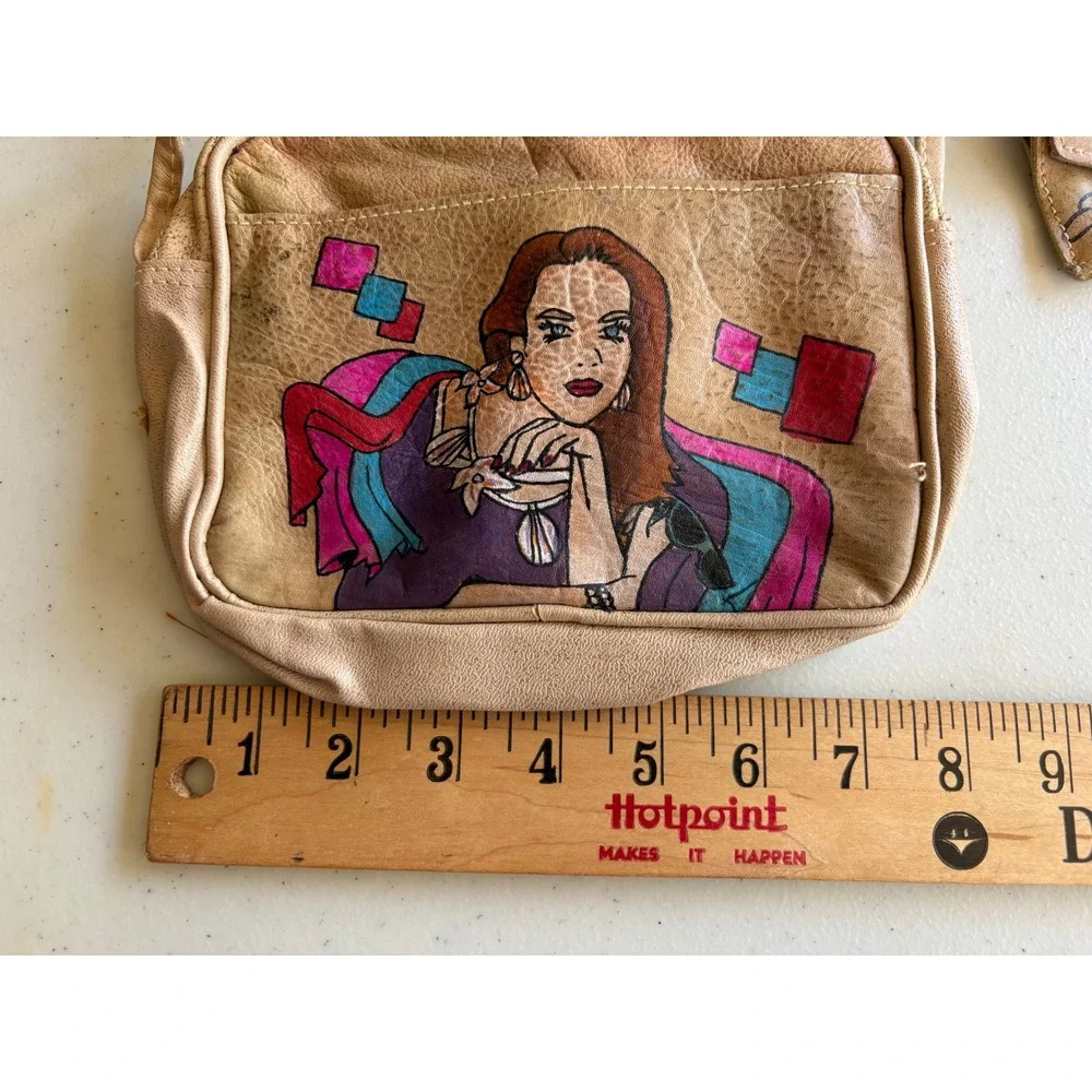 Emily Anne Vintage Hand Painted Leather Crossbody Bag Tan Pretty Woman Boho
